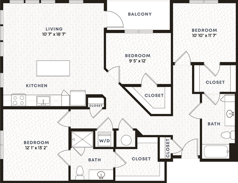 Floor plan for 3 beds, 2 baths, 1366 sqft